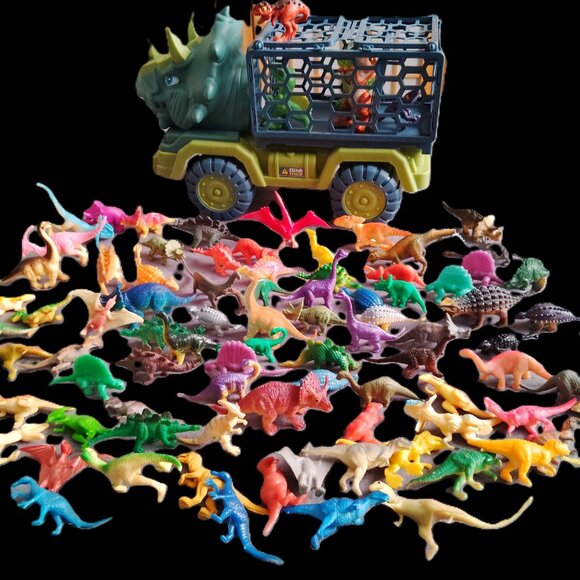 HUGE MIXED LOT 91 ASSORTED DINOSAURS PLASTIC MINI FIGURES & TRANSPORT TRUCK SET - Picture 1 of 7